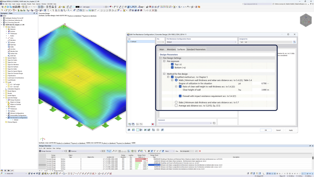 Boite de dialogue affichant la vérification incendie de dalles et de voiles à l’aide de la méthode de tableau simplifié dans RFEM 6 pour une analyse d’ingénierie.